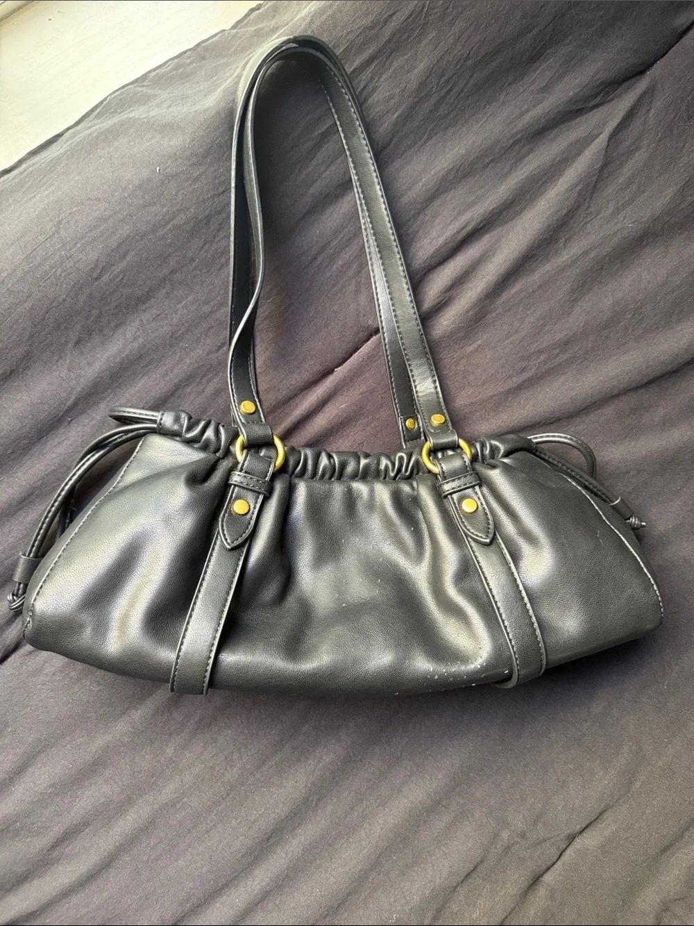 Women's Black faux Leather Shoulder Bag - Classic Soft Ruched Design